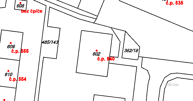 Přímětice 540, Znojmo na parcele st. 602 v KÚ Přímětice, Katastrální mapa