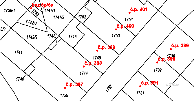 Sudoměřice 399 na parcele st. 1745 v KÚ Sudoměřice, Katastrální mapa