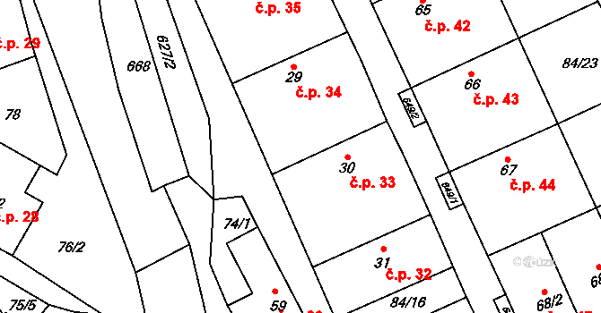Lhota 33 na parcele st. 30 v KÚ Lhota u Kamenných Žehrovic, Katastrální mapa