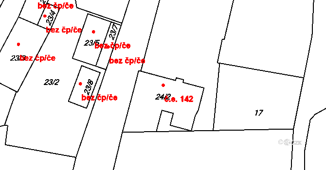 Bystřice 142 na parcele st. 24/2 v KÚ Bystřice u Benešova, Katastrální mapa