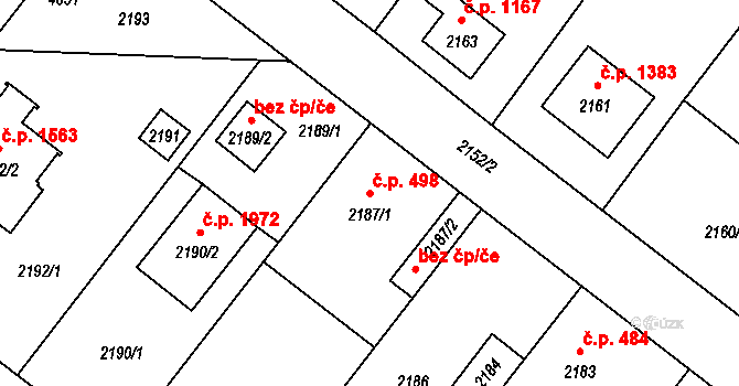 Úvaly 498 na parcele st. 2187/1 v KÚ Úvaly u Prahy, Katastrální mapa