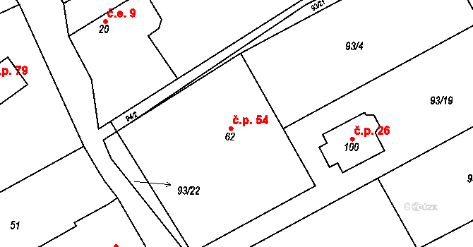 Podbrdy 54 na parcele st. 62 v KÚ Podbrdy, Katastrální mapa