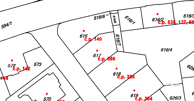 Veveří 386, Brno na parcele st. 617 v KÚ Veveří, Katastrální mapa