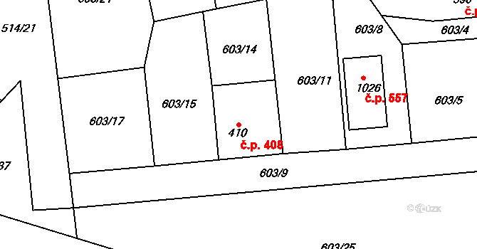 Sendražice 408, Kolín na parcele st. 410 v KÚ Sendražice u Kolína, Katastrální mapa