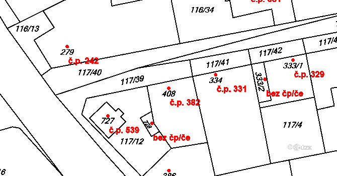 Veltrusy 382 na parcele st. 408 v KÚ Veltrusy, Katastrální mapa