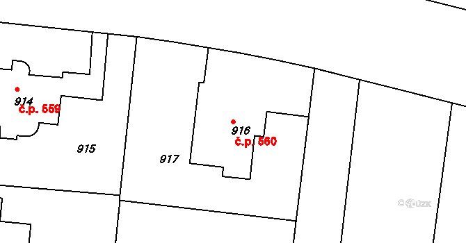 Střešovice 560, Praha na parcele st. 916 v KÚ Střešovice, Katastrální mapa