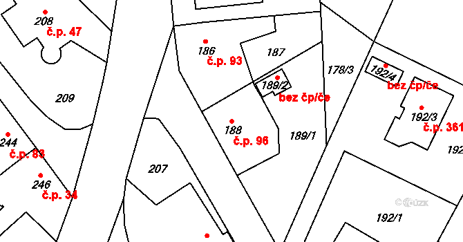 Červený Hrádek 96, Plzeň na parcele st. 188 v KÚ Červený Hrádek u Plzně, Katastrální mapa