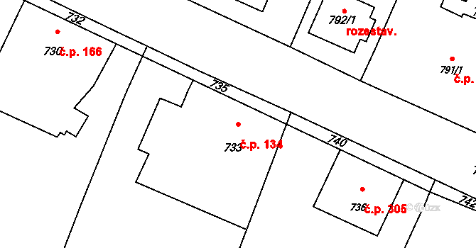 Deblín 134 na parcele st. 733 v KÚ Deblín, Katastrální mapa