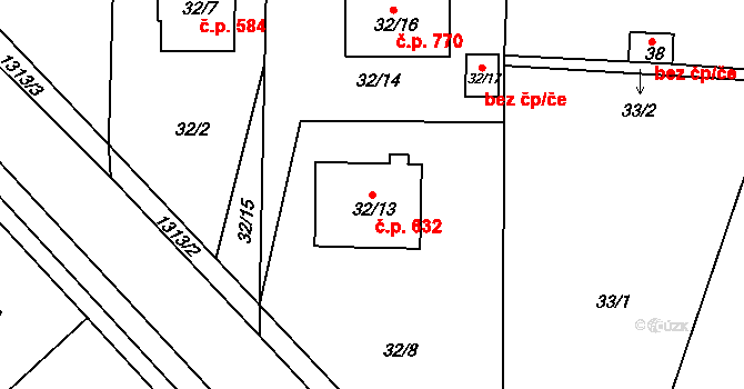 Tuchlovice 632 na parcele st. 32/13 v KÚ Tuchlovice, Katastrální mapa