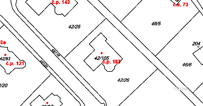 Útěchov 183, Brno na parcele st. 42/105 v KÚ Útěchov u Brna, Katastrální mapa