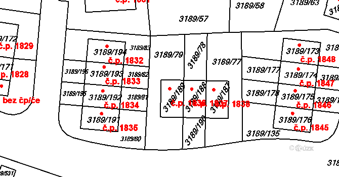 Roztoky 1836 na parcele st. 3189/189 v KÚ Žalov, Katastrální mapa