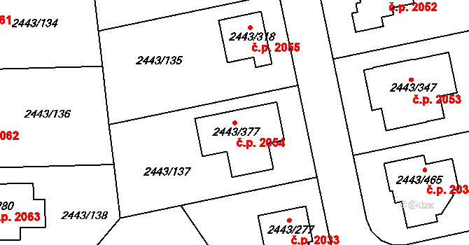 Roztoky 2054 na parcele st. 2443/377 v KÚ Roztoky u Prahy, Katastrální mapa