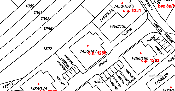 Komín 1238, Brno na parcele st. 1450/147 v KÚ Komín, Katastrální mapa