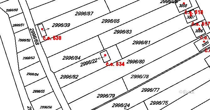Kadaň 534 na parcele st. 2996/22 v KÚ Kadaň, Katastrální mapa