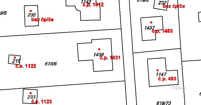 Kamenice 1031 na parcele st. 1439 v KÚ Těptín, Katastrální mapa