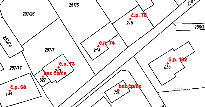 Černolice 74 na parcele st. 214 v KÚ Černolice, Katastrální mapa