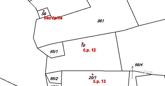 Zdebořice 12, Plánice na parcele st. 19 v KÚ Zdebořice, Katastrální mapa