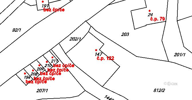 Suchý Důl 122 na parcele st. 147 v KÚ Suchý Důl, Katastrální mapa