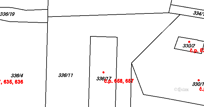 Hronov 657,658 na parcele st. 336/17 v KÚ Hronov, Katastrální mapa