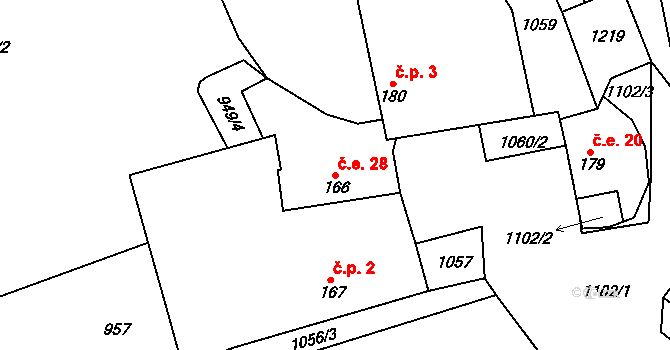 Kosovy 28, Úsobí na parcele st. 166 v KÚ Úsobí, Katastrální mapa