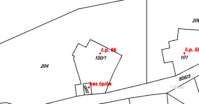 Merklovice 56, Vamberk na parcele st. 100/1 v KÚ Merklovice, Katastrální mapa