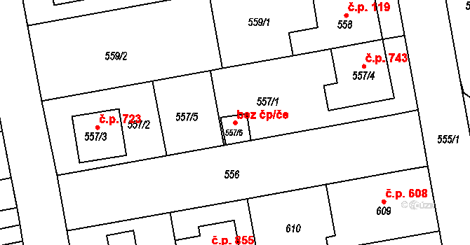 Brno 98633643 na parcele st. 557/6 v KÚ Chrlice, Katastrální mapa