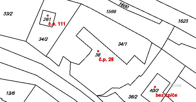 Čunín 28, Konice na parcele st. 38 v KÚ Čunín, Katastrální mapa