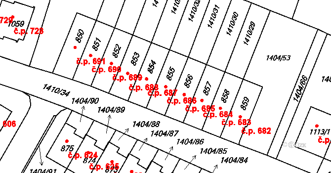 Brtnice 686 na parcele st. 855 v KÚ Brtnice, Katastrální mapa