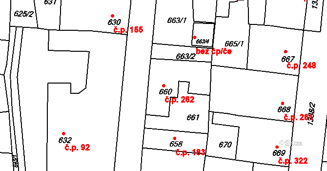 Tuchlovice 262 na parcele st. 660 v KÚ Tuchlovice, Katastrální mapa
