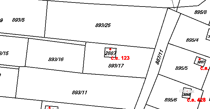 Blansko 123 na parcele st. 2887 v KÚ Blansko, Katastrální mapa