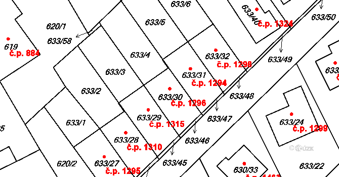 Hořovice 1296 na parcele st. 633/30 v KÚ Velká Víska, Katastrální mapa