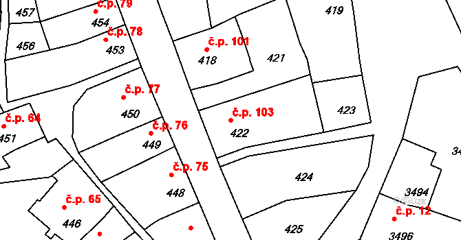 Mimoň II 103, Mimoň na parcele st. 422 v KÚ Mimoň, Katastrální mapa