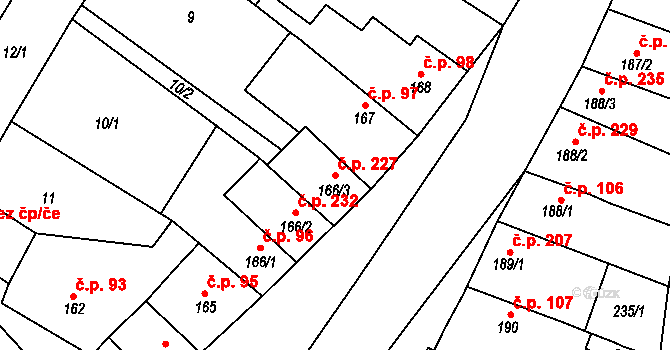 Třebenice 227 na parcele st. 166/3 v KÚ Třebenice, Katastrální mapa