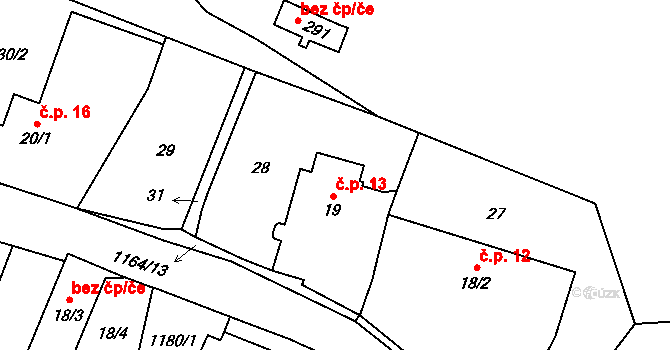 Prostřední Lhota 13, Chotilsko na parcele st. 19 v KÚ Prostřední Lhota, Katastrální mapa