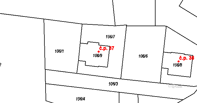 Kozlany 37 na parcele st. 106/9 v KÚ Kozlany, Katastrální mapa