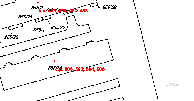 Jarošov 503,504,505,506, Uherské Hradiště na parcele st. 855/10 v KÚ Jarošov u Uherského Hradiště, Katastrální mapa