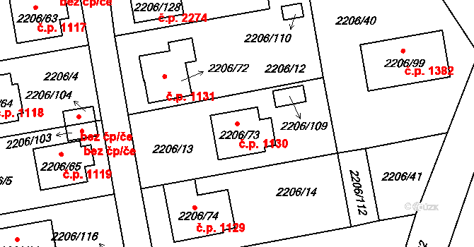 Pelhřimov 1130 na parcele st. 2206/73 v KÚ Pelhřimov, Katastrální mapa