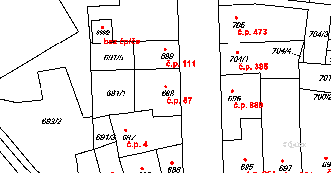Trnovany 57, Teplice na parcele st. 688 v KÚ Teplice-Trnovany, Katastrální mapa
