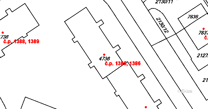 Cheb 1385,1386 na parcele st. 4736 v KÚ Cheb, Katastrální mapa