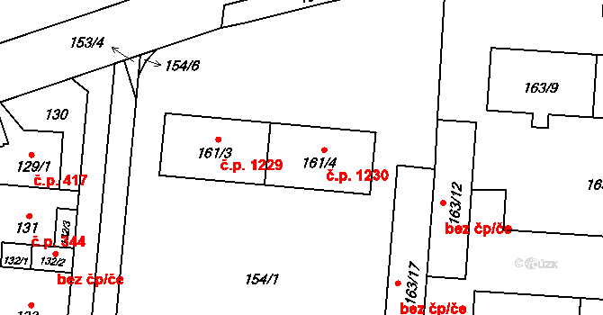 Radotín 1230, Praha na parcele st. 161/4 v KÚ Radotín, Katastrální mapa