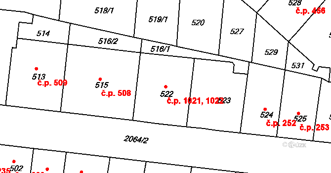 Košíře 1021,1022, Praha na parcele st. 522 v KÚ Košíře, Katastrální mapa