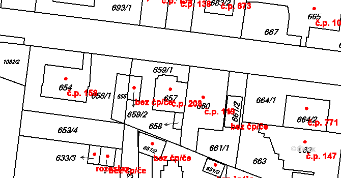 Čimice 208, Praha na parcele st. 657 v KÚ Čimice, Katastrální mapa