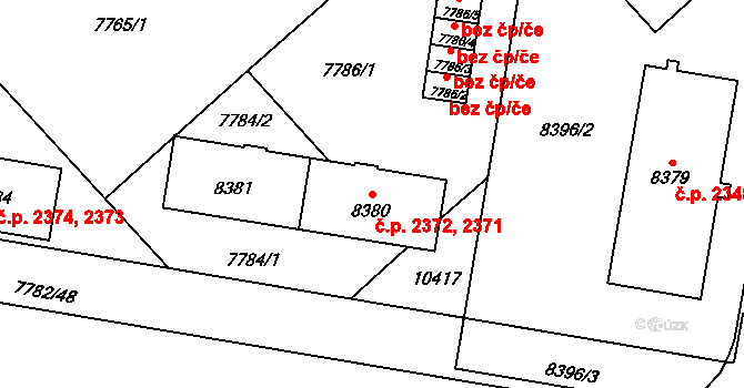 Jižní Předměstí 2371,2372, Plzeň na parcele st. 8380 v KÚ Plzeň, Katastrální mapa