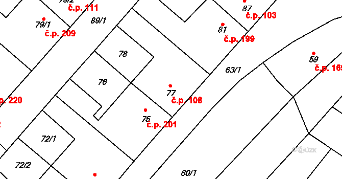 Padochov 108, Oslavany na parcele st. 77 v KÚ Padochov, Katastrální mapa
