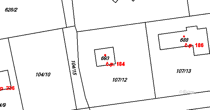 Libeř 184 na parcele st. 693 v KÚ Libeř, Katastrální mapa