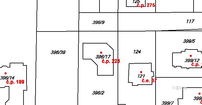 Točná 223, Praha na parcele st. 396/17 v KÚ Točná, Katastrální mapa