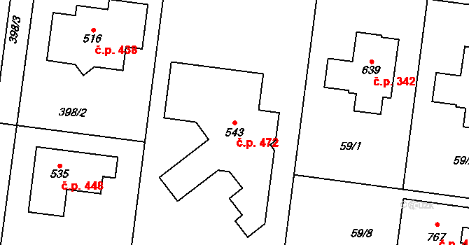 Čechovice 472, Prostějov na parcele st. 543 v KÚ Čechovice u Prostějova, Katastrální mapa