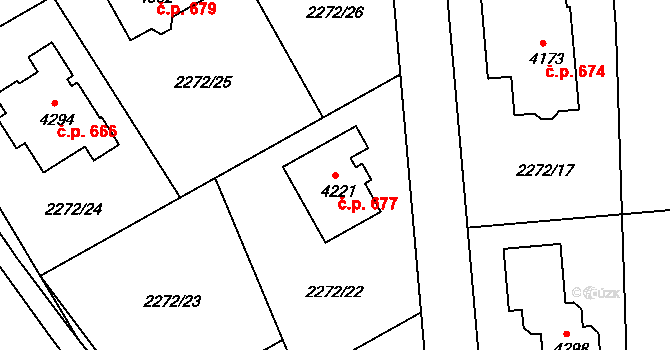 Týnské Předměstí 677, Domažlice na parcele st. 4221 v KÚ Domažlice, Katastrální mapa