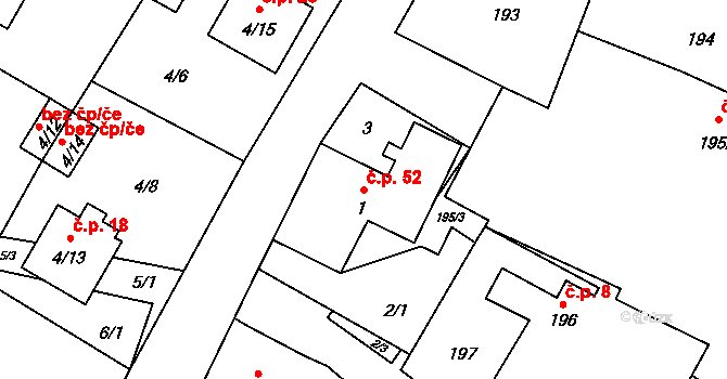 Zbyny 52, Doksy na parcele st. 1 v KÚ Zbyny, Katastrální mapa