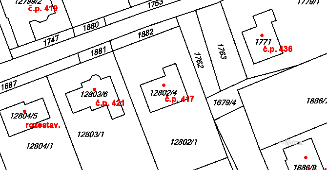 Prusinovice 417 na parcele st. 12802/4 v KÚ Prusinovice, Katastrální mapa